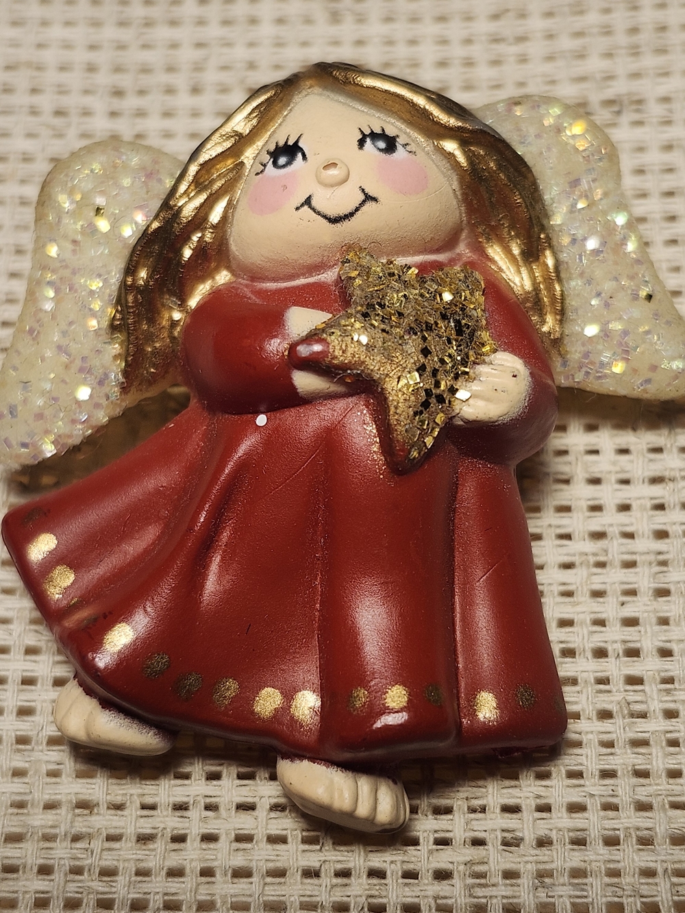Vintage S. Lehman Gold-Accent Red Angel Brooch with Sparkling Wings, 1980s